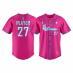 Players wearing custom baseball uniforms with team logos and colors, showcasing pro-quality design and athletic fit on the field.