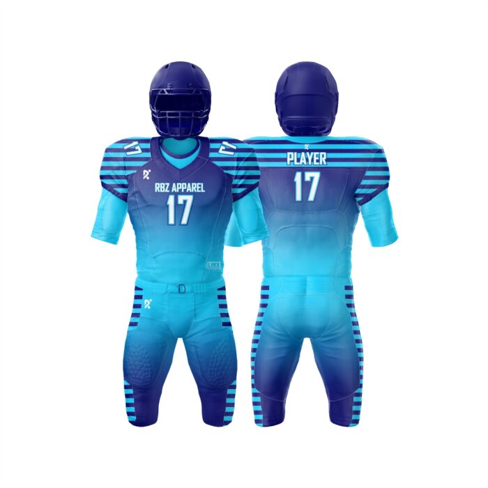 "Custom American football team uniforms featuring durable, breathable fabric, bold team colors, and pro-style design for peak performance.