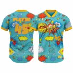 Custom sublimated V-neck tee featuring bold full-color design, ideal for streetwear fashion or gym wear, crafted for comfort and performance.