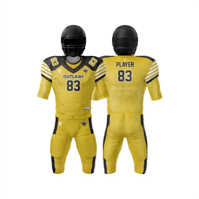 Custom American football uniforms featuring team logos, player names, and numbers in durable, high-performance fabric for all ages.