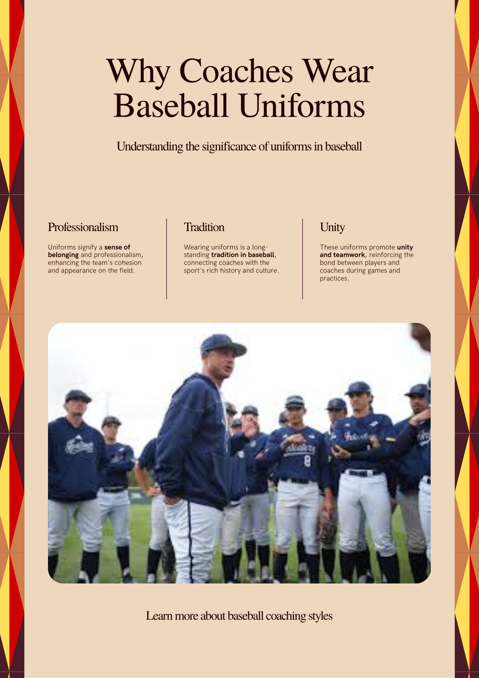Baseball coaches and managers wearing matching team uniforms in the dugout, showcasing tradition and unity in professional baseball attire.