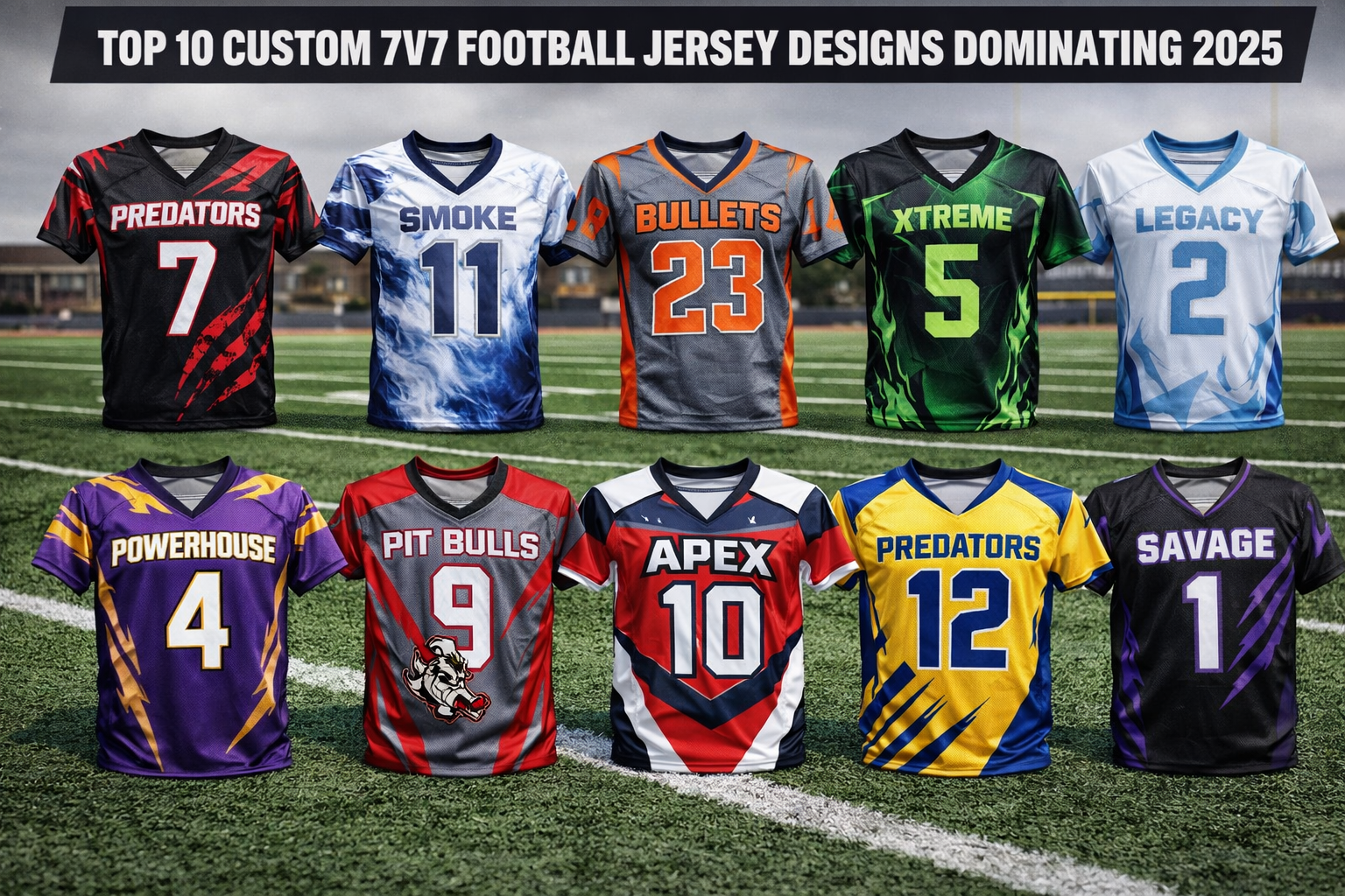 Top 10 custom 7v7 football jersey designs for 2025 displayed on turf, featuring bold sublimated patterns, team colors and modern athletic fits