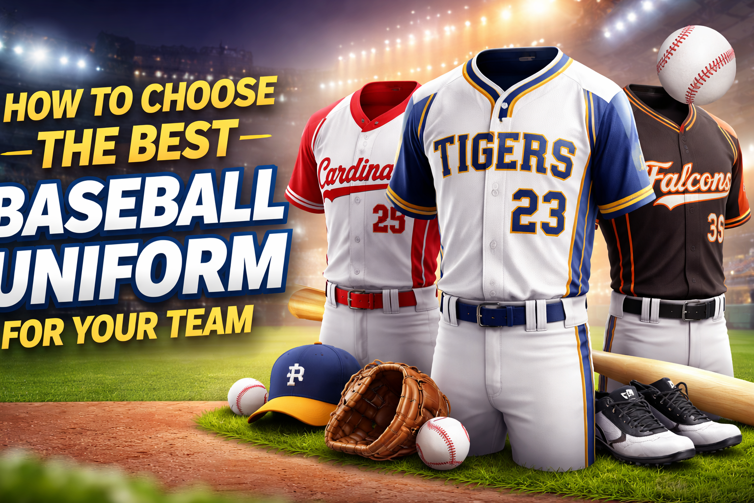 3D baseball uniforms for Tigers, Cardinals, and Falcons on field with bats, gloves, and cleats, highlighting team customization options.