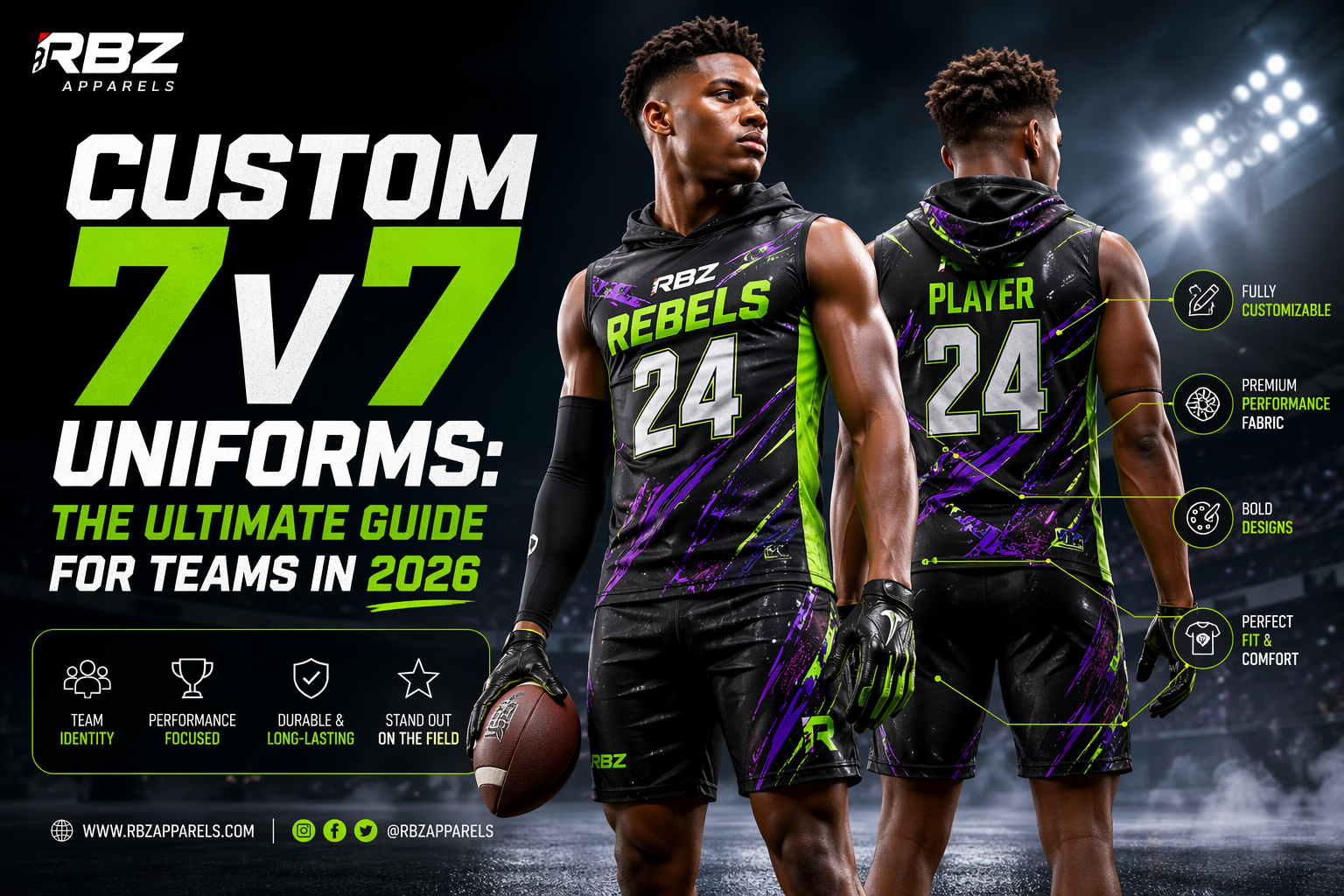 3D custom 7v7 uniforms by RBZ Apparels with personalized design, premium fabric, and bold team styling.