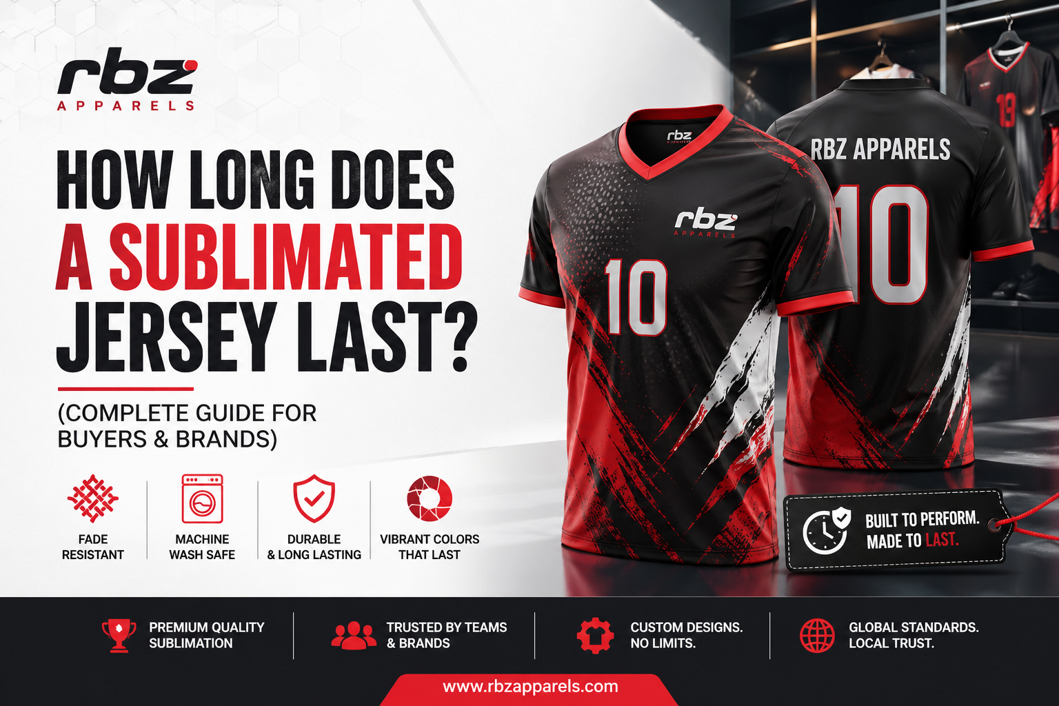 Sublimated jersey durability guide by RBZ Apparels showing black red sports jersey, fade resistant, machine washable, long lasting colors design