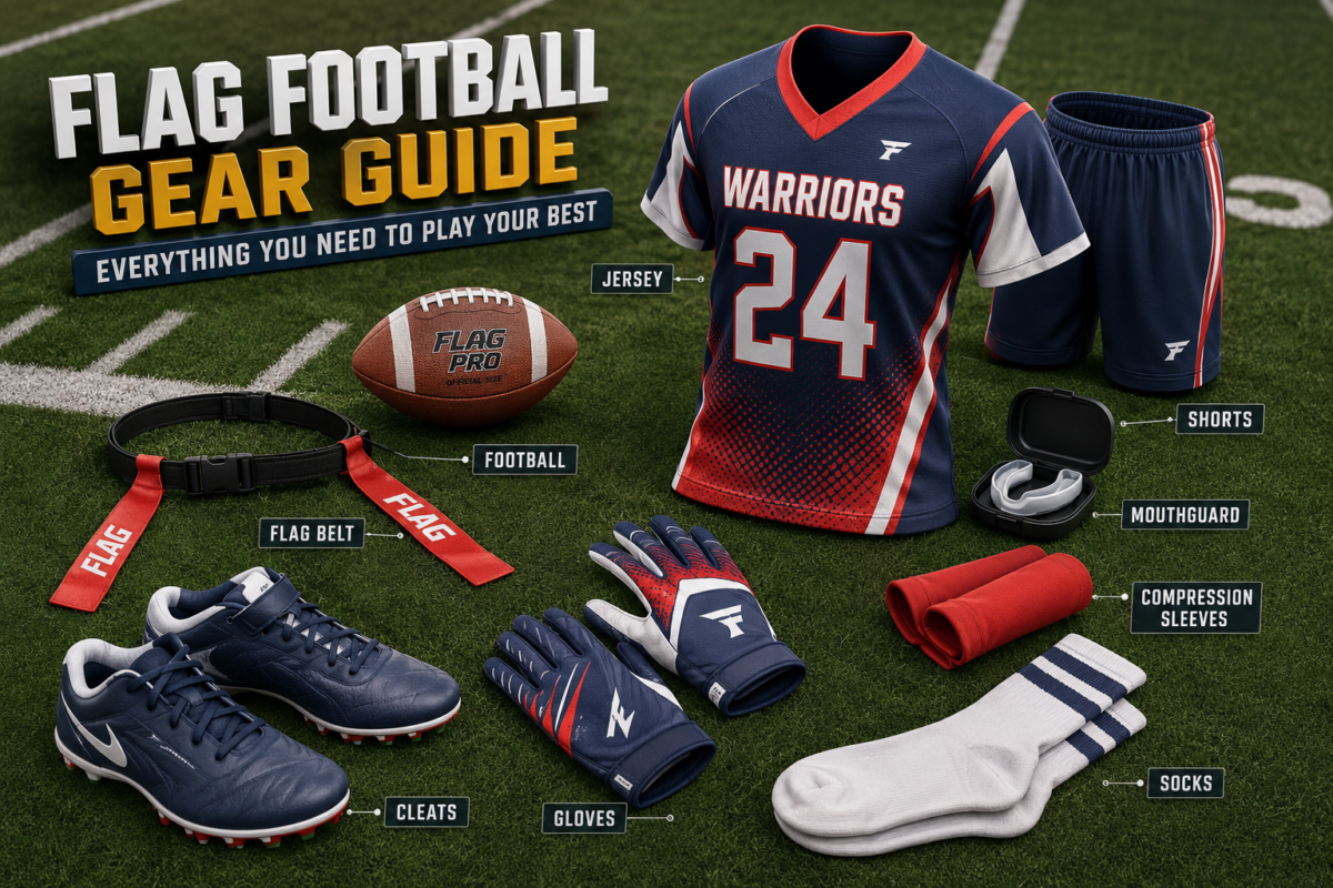 3D render of flag football gear including jersey, cleats, gloves, flag belt, football, socks, and accessories on a grass field guide layout.